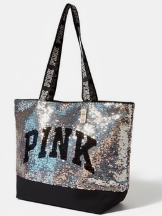 PINK Victoria's Secret Handbags - Victoria’s Secret PINK Sequin  Large Tote in Silver , hints of Gold & Black